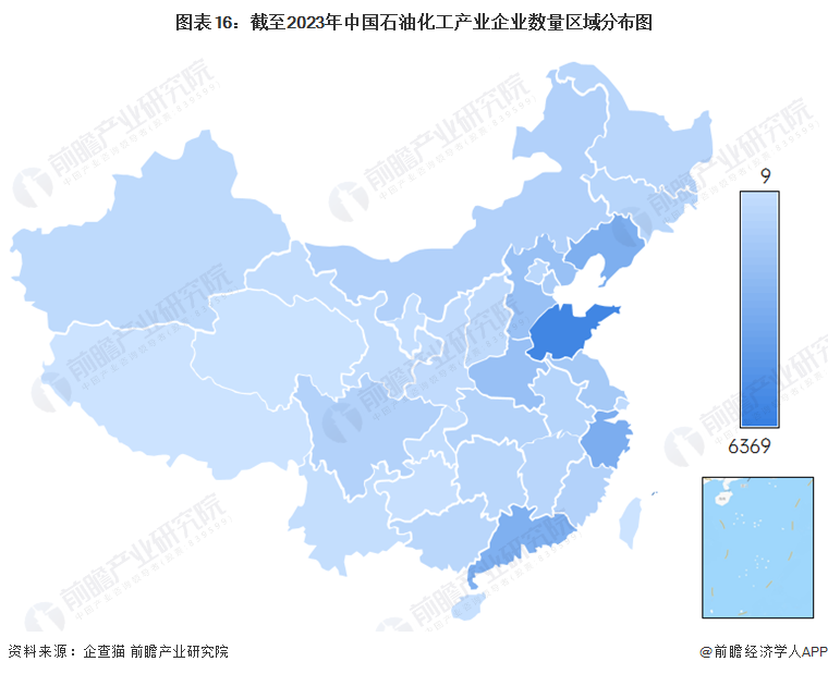 图表16：截至2023年中国石油化工产业企业数量区域分布图