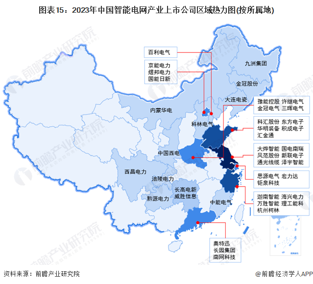 图表15：2023年中国智能电网产业上市公司区域热力图(按所属地)